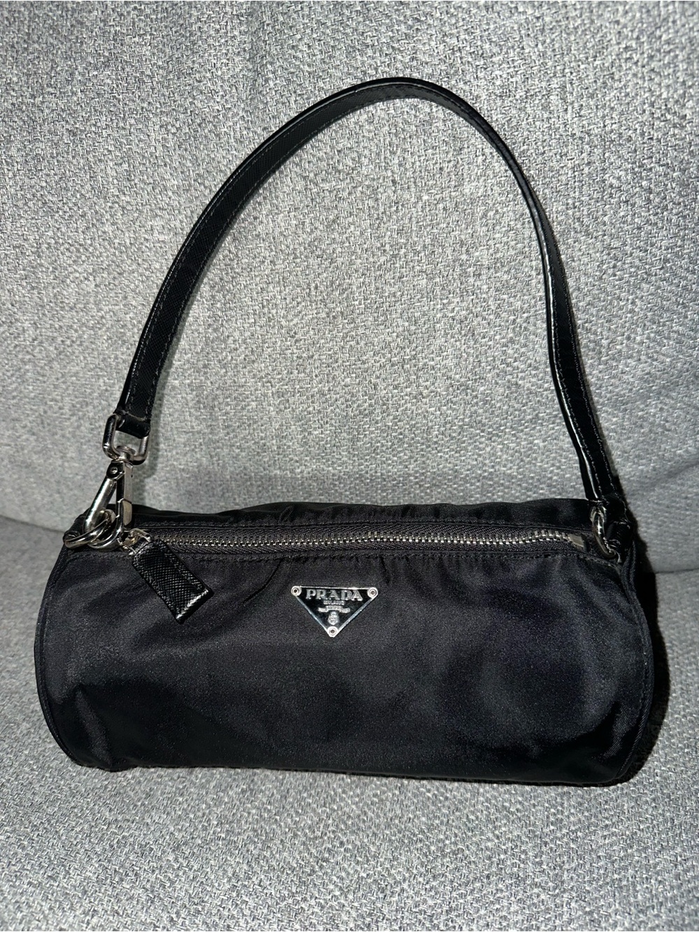 Prada Vintage Tessuto Nylon Saffiano Mini Barrel Shoulder Bag Black Authentic